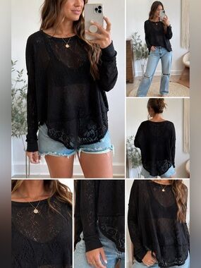Free People Not Cold In This Knit Top Black Lace Open Knit Boho Oversized Small